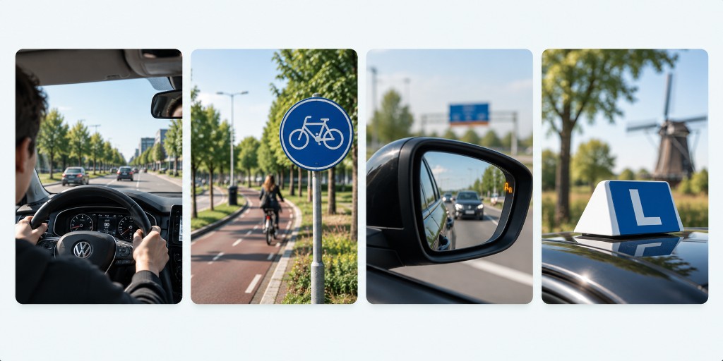 Driving, cycling lane, mirrors and learner plate